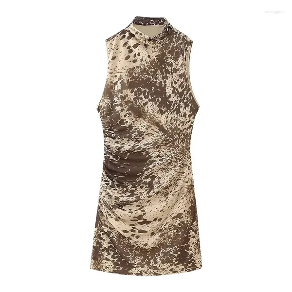 Vestidos casuales Yenkye Sexy Mujeres Vintage Animal Print Vestido de malla sin mangas Cuello alto Ruching Side Femenino Mini Vestidos