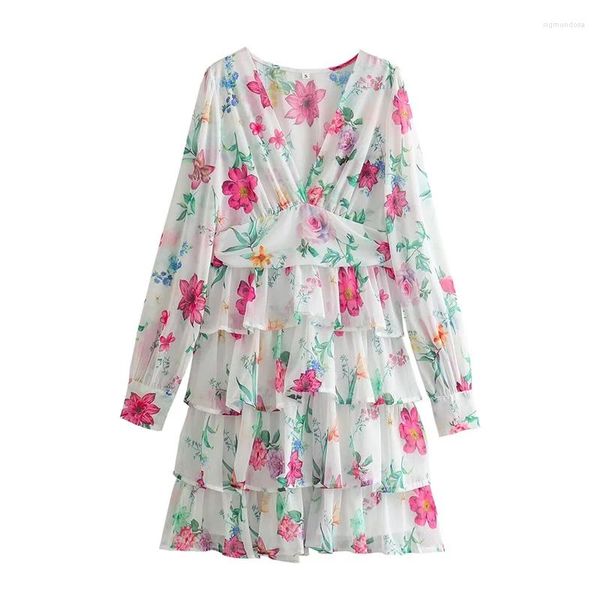 Robes décontractées Yenkye Printemps 2024 Femmes Floral Print Layered Sweet Robe à manches longues Col V Dames A-Line Mini Party Belle Robe