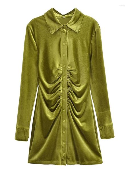 Robes décontractées YENKYE Printemps 2024 Femmes Vintage Vert Ruché Velours Chemise Robe À Manches Longues Col À Revers Femelle Robes Courtes