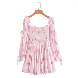 Robes décontractées YENKYE Sweet Pink Floral Print Satin Sexy Off Épaule Robe Femmes À Manches Longues Fête De Vacances Mini Princesse Robe De Fée