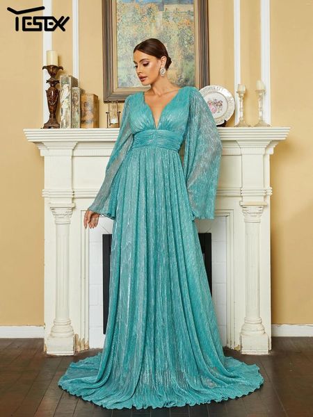 Robes décontractées Yesexy Fête élégante pour les femmes 2023 Bell Sleeve A-Line Mesh Green Prom Robe de soirée