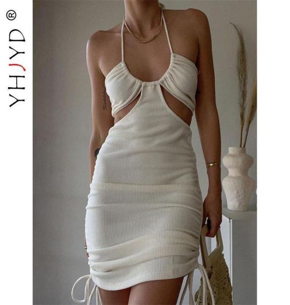 Vestidos informales YHJYD Halter Drawstring Backless Backcon Mini Sexy Club Outfits for Women GO OUT Dress Resort Wear 20218478204