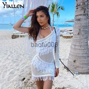 Casual Jurken Yiallen Herfst Nieuwe Mode Sexy See Through Een Schouder Kwastje Mini Bodycon Jurk Vrouwen Y2K Streetwear Beach Club night Jurk J230619