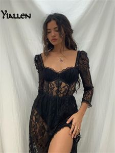 Robes décontractées Yiallen Y2k Fashion Party Vacation Beach Sexy Black Lace Long Dress Womens Spring Quarter Sleeve MidCalf Clubwear 230224