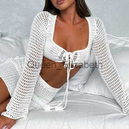 Robes décontractées Yiiciovy Femmes Sexy Holiday Knittd Bikini Cover Up Sets Beach Hollow Out Crochet Top + Jupe Sexy Lady See Through Beach Set J230614