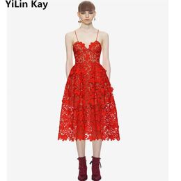 Vestidos casuales Yilin Kay High-End Custom Autorretrato 2021 Mujeres Vestido de encaje Hollow Out Hook Flower Condole Cinturón Longdress249R