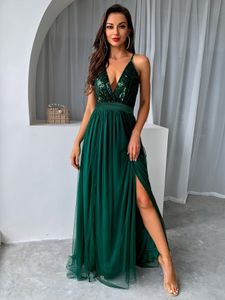 Casual jurken Yissang Mesh Sequins v Neck Women 2023 Cocktailparty Backless Summer Maxi Long Bodycon Elegant 230321