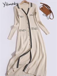 Casual jurken Yitimoky breien midi -jurk voor vrouwen herfst winter 2024 knop omhoog Draai kraag vintage lange mouw af