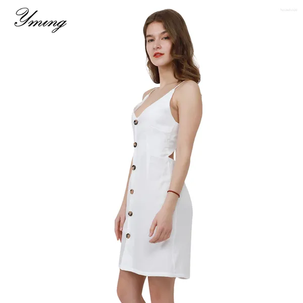 Vestidos casuales Yming botón de verano blanco mujer camisa vestido sin espalda fiesta moda playa sundress vestidos de fiesta noche
