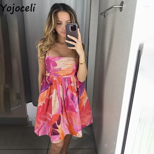 Robes décontractées Yojoceli été femmes imprimer sangle robe d'été plissée courte sans manches robe de plage mode Sexy Skate Vestidos