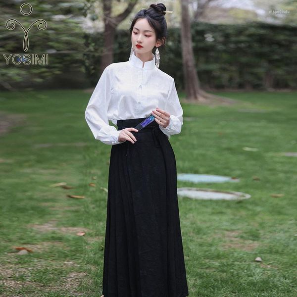Robes décontractées YOSIMI Style chinois 2 pièces femmes costume été à manches longues chemise blanche et jupe noire broderie manteau fête 3 tenues