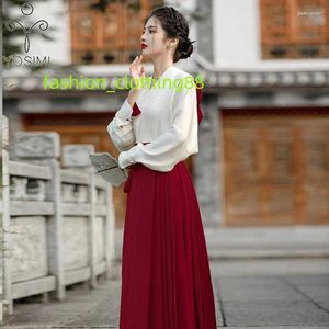 Robes décontractées Yosimi style chinois cheval visage jupe plissée 2 pièces femmes ensemble col en v à manches longues chemise blanche et rouge hanfu vintage