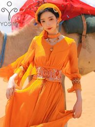 Casual jurken Yosimi Long Women Dress Desert Travel 2024 Summer Rayon Fit en Flare Maxi enkellengte Bandage Empire Beach
