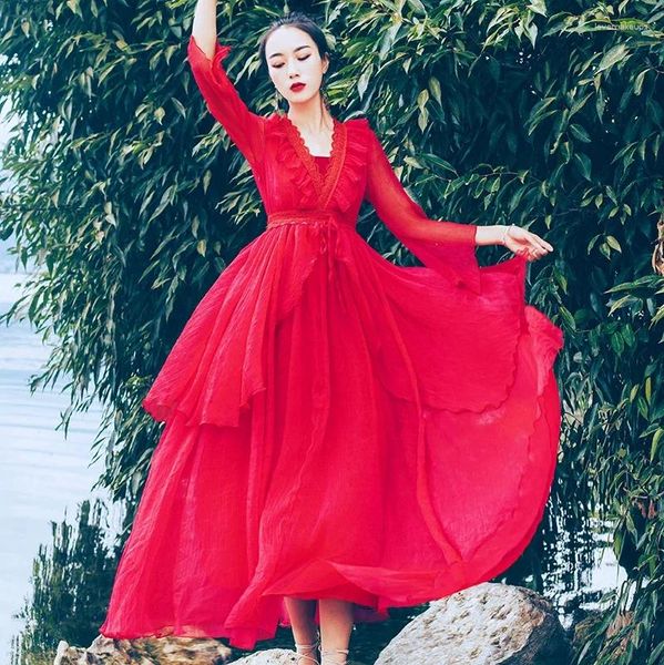 Robes décontractées Yosimi longue robe femme pour 2023 été maxi rouge mousseline de soie vintage col en v femme robe tunique soirée fête vert