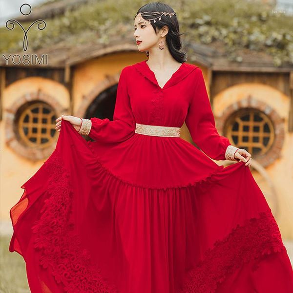 Vestidos informales YOSIMI, Vestido largo de gasa roja para mujer, verano 2023, Vintage, ajustado y acampanado, manga de encaje con capucha, Vestido de fiesta de noche