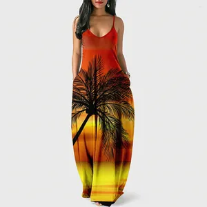 Robes décontractées jeunes belles femmes d'été paysage de noix de coco 3d imprimé sexy lâche glissade robe robe de poche longue robe