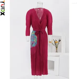 Robes décontractées yudx miyake imprimer robe plissée Femme 2024 Spring à manches longues ceinture réunie de la taille de la taille de la taille