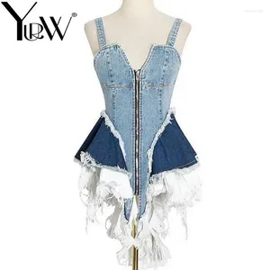 Robes décontractées Yuerwang Femmes Robe 2024 Été Sans manches Zipper Volants Denim Cousu Spaghetti Strap Sexy Mini Jean Mode