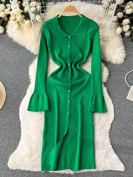 Vestidos casuales YuooMuoo 2023 Otoño Invierno moda Flare vestido de manga larga para mujeres elegante suéter ajustado de punto Vestidos de fiesta coreanos