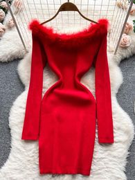 Casual jurken yuoomuoo mode kerst rode vacht off schouder feestjurk vrouwen dames lange mouwen slanke elastische breien trui vestidos