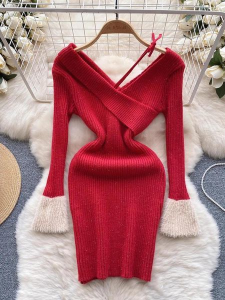 Robes décontractées YuooMuoo Année de la mode coréenne Robe de soirée rouge Automne Hiver Manches longues Slim Élastique Moulante Mini Streetwear Tenues