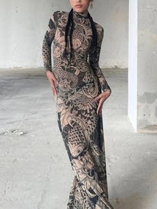 Robes décontractées Yuzhexi Fashion Tropical Print Mesh Maxi Robe Femme Perspective Robe à café à manches longues Slim Slim Fit Robe