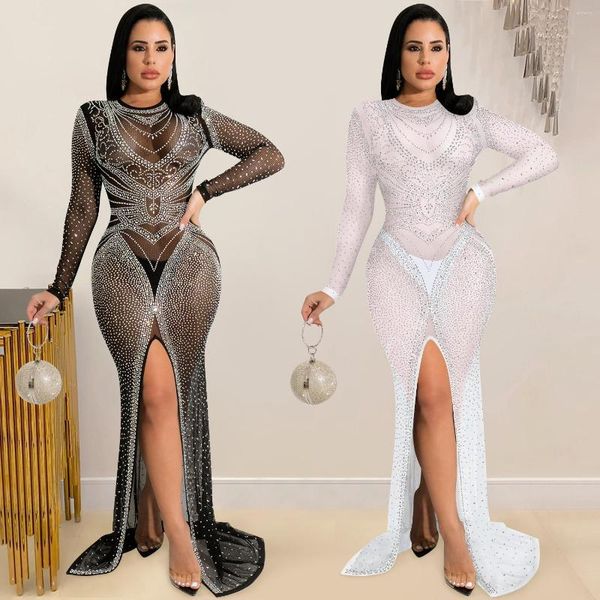 Robes Décontractées Zabrina Élégant Pour Les Femmes Diamants Extensibles Robe À Manches Longues Maille Transparente Fente Maigre Automne Hiver Vestidos Moulante