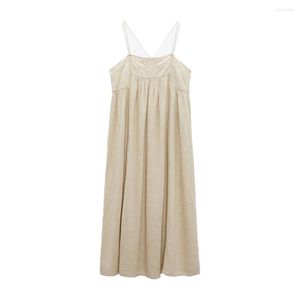 Vestidos casuales Zach AiIsa Verano Mujer Moda Retro Étnico Dulce Halter Fuera del hombro Bordado Mezcla de lino Vestido Midi de vacaciones