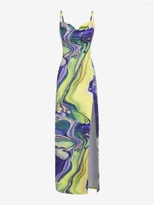 Casual jurken Zaful Swirl Marble Print Dij High Slit Maxi Dress Women Cowl Front Long Slip Party Night Out Outfits