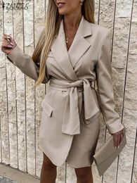 Robes décontractées ZANZEA Mode Blazer Robe Femmes Costume Formel Col À Manches Longues Robes Courtes Bureau Dame Ceinturée Mini