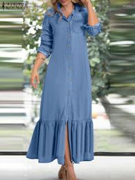 Robes décontractées ZANZEA Mode Femmes Denim Bleu Chemise Robe Automne Revers Cou À Manches Longues Volants Robe Solide Kaftan Robes Robes