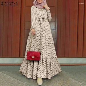 Casual Jurken ZANZEA Vrouwen Polka Dot Lange Mouw Jurk Stijlvolle Riemen Party Gewaad Losse Maxi Moslim Kaftan Zonnejurk Marokko Abaya hijab