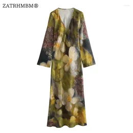 Casual Jurken Zatrhmb Vrouwen 2023 Herfst Mode Bloemenprint Midi Jurk Vintage V-hals Lange Mouw Elegante Vrouwelijke Vestidos Mujer