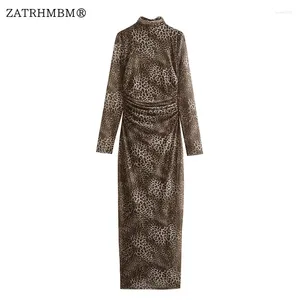 Casual jurken zatrhmbm dames 2024 herfst mode dierenprint tule jurk vintage o-neck lange mouw vrouwelijke vestidos mujer