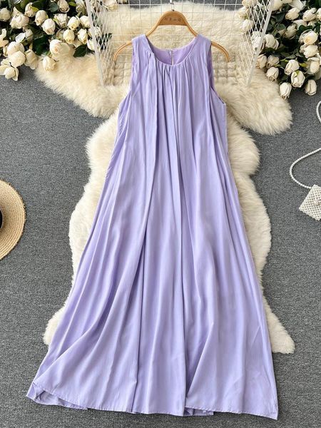 Vestidos casuales ZCWXM Purple Beach Maxi Dress Mujeres Party Loose Tank Sin mangas O-cuello Robe Office Ladies Korean Solid Boho Long Elegant