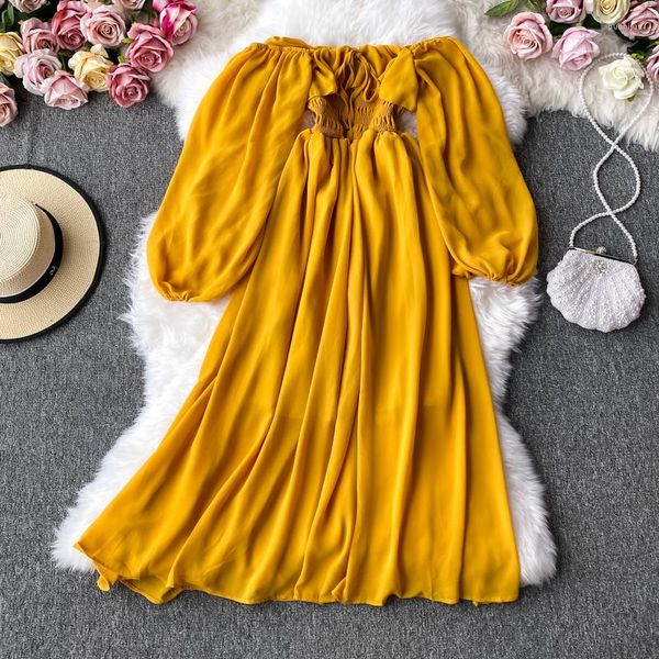 Vestidos casuales ZCWXM primavera mujeres fuera del hombro gasa manga larga vestido midi femenino amarillo / rojo / rosa cintura alta volante gran swing