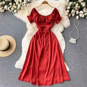 Casual jurken zcwxm zomer dames kleden elegant midden-kalf korte puff mouw raadje pull feest nacht slanke sexy vierkante kraag rood/roze avond