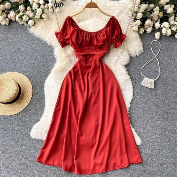 Robes Décontractées ZCWXM Été Femmes Robe Élégant Mi-mollet Manches Courtes Bouffantes Robe Pull Soirée Mince Sexy Col Carré Rouge / Rose Soirée