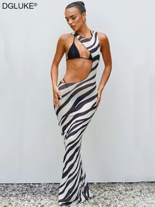 Vestidos casuales Zebra Mesh Long Beach Dres 2023 Cut Out Bodycon Maxi traje de baño cubrir Sexy transparente rayas verano 230424