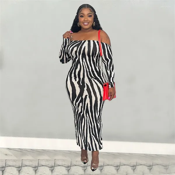 Robes décontractées Zebra rayé imprimé sexy moulante maxi robe de soirée femmes élégantes épaules manches longues dos nu froncé mince longue robe