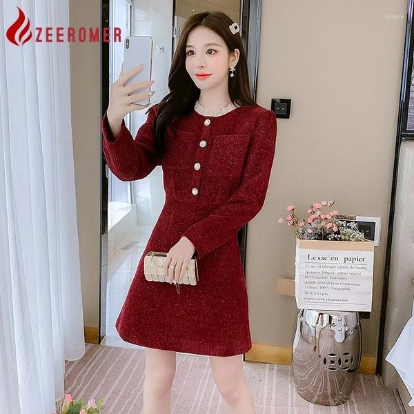 Robes décontractées Zeeromer 2024 AUTTRE hiver français Vintage Vintage Cordireuse A-Line Robe Femme O-NECK POURRIE DE BUREAU SIM