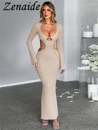 Casual jurken Zenaide herfst uitgehold bodycon gebreide maxi-jurk rugloze bandage met lange mouwen elegante gehaakte feestclub verjaardag dames