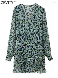Robes décontractées Zevity 2024 Femmes Mode Col V Floral Imprimer Hem Presse Plissée Mini Robe Bureau Lady Chic Volants Slim Party Robes