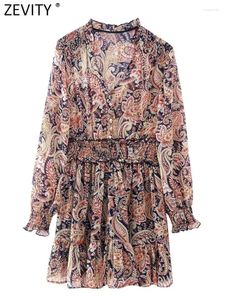 Casual Jurken Zevity 2024 Vrouwen Vintage V-hals Paisley Bloemenprint Elastische Taille Mini Jurk Vrouwelijke Chic Lange Mouwen Ruches vestidos