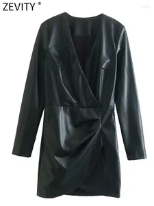 Robes décontractées zevity femmes mode croix v couche de cou de design pu en cuir mini-chemise robe office dame chic côté zipper une ligne vestidos