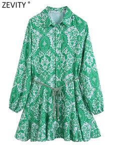 Vestidos casuales ZEVITY Mujeres Moda Paisley Estampado floral Cinturón Mini camisa Vestido Mujer Chic Casual Big Swing Hem Plisado Verde Vestidos DS9353 230512