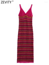 Robes décontractées Zevity Femmes Mode Col V Couleur Correspondant Crochet Tricot Sling Robe Midi Femme Chic Sans Manches Gilet Robes 4626