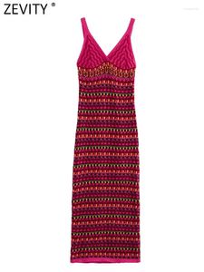 Vestidos casuales Zevity Mujeres Moda V Cuello Color Matching Crochet Knitting Sling Midi Vestido Femenino Chic Sin mangas Chaleco Vestidos DS4626