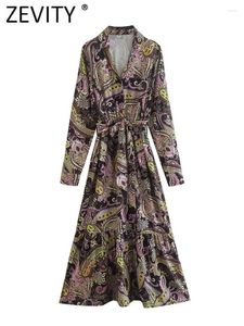 Casual Jurken Zevity Vrouwen Vintage Paisley Bloemenprint Single Breasted Midi Shirt Jurk Kantoor Dame Sjerpen Kimono Vestidos 2657