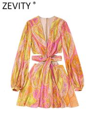 Casual jurken ZEVITY dames vintage v nek cashew noten bloemenprint chiffon mini jurk vrouwelijke chique lange mouw twist hollow out Vestidos ds1845 230321